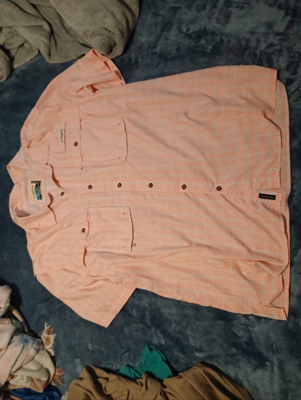 Magellan Outdoors Peach and White Plaid Short Sleeve Shirt
